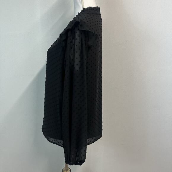 J. Crew Blouse size Medium Black Sheer Polka Dots Ruffles Career Casual - Picture 3 of 5